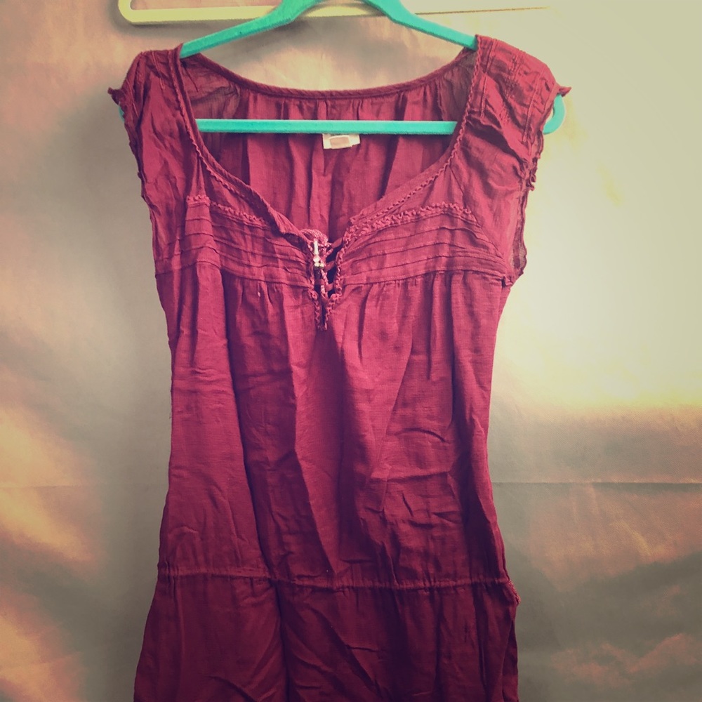 Burgundy gauze boho peasant dress,